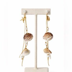 Gold and Brown Seashell Dangle Earrings New